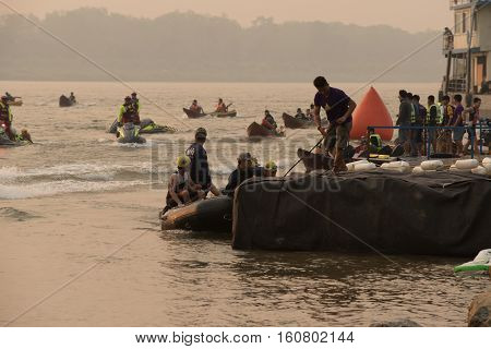 CHIANG RAITHAILAND-APR 32016 : Lifeguard and Triathlon athlete sporter in Golden Triangle Triathlon on April 3 2016 in Chiang sean district Chiang raiThailand.