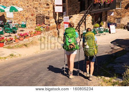 EL ACEBO DE SAN MIGUEL SPAIN - AUGUST 05: Pilgrimns along the way of St. James on August 05 2016