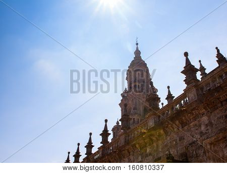 View of the belltower of the Santiago cathedral called North Tower or da Carraca. Spain