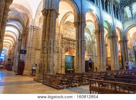 SANTIAGO SPAIN - AUGUST 17: Interior of the cathedral of Santiago de Compostela on August 17 2016