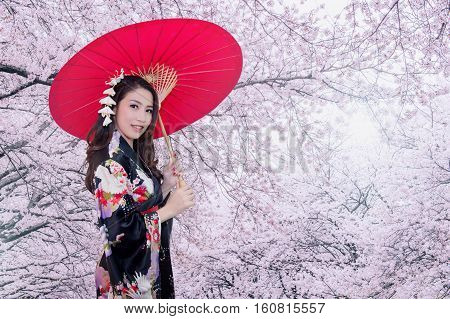 Beautiful young asian woman wearing traditional japanese kimono with red umbrella and cherry blossom.