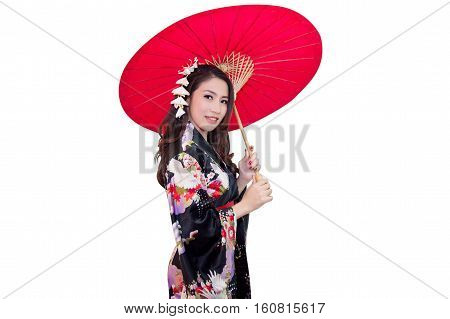 Beautiful Young Asian Woman Wearing Traditional Japanese Kimono With Red Umbrella Isolated On White