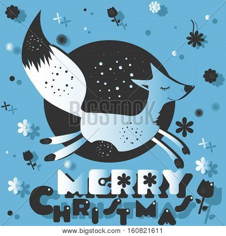 Fox wished a happy Christmas on the blue background