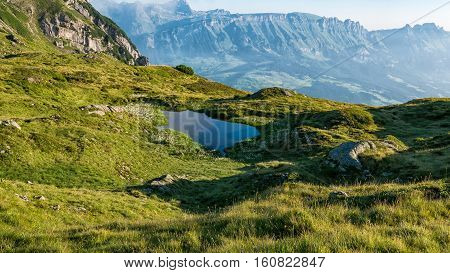 A small pond in a meadow on a mountain