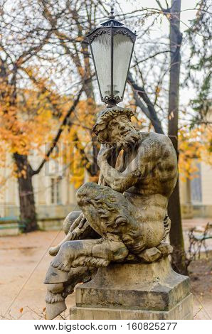 Warsaw, Poland - November 6, 2016: a beautiful sculpture in the autumn Lazienki Krolewskie Park.