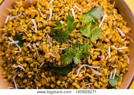 dry and simple moong dal usal or healthy sprouted Green gram spicy usal, fried in oil