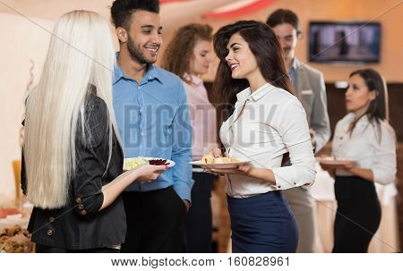 Businesspeople Group Catering Buffet Food Restaurant, Business Banquet At Company Event Celebration, People Team Communication Coffee Break