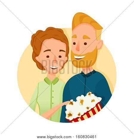 Flat couple. People in Cinema. with popcorn. Vector Illustration. Couple in love in the cinema holding together