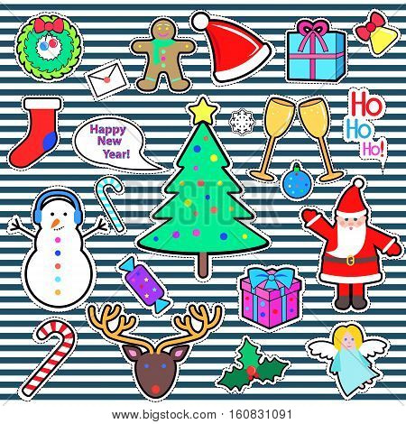 Set of Happy New Year and Merry Christmas elements. Icons can be cut out of paper. Xmas tree, snowman, Santa Claus, deer, candy stick, present, gift, angel, speech bubble in flat style. Vector