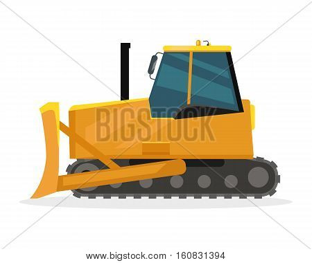 Bulldozer vector illustration. Flat design. Heavy construction machine for earthworks. Illustration for building concepts, city works infographics, icons or web design. Isolated on white background