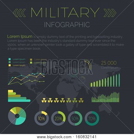 Word Infographic vector. Color circle and line diagrams with data, sample text, word map silhouette on black background. Flat style illustration for econimical, political, military concepts