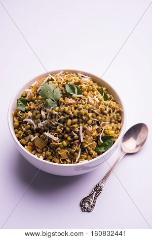 dry and simple moong dal usal or healthy sprouted Green gram spicy usal, fried in oil