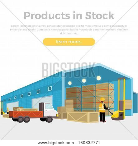 Products in stock. Equipment delivery process of the warehouse. Warehouse interior, logisti and factory, building warehouse exterior, business delivery, storage cargo. Loader unloads the van in flat