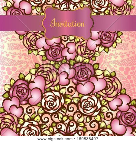 Vintage valentine or wedding invitation card with gold frame and hearts and roses and scrolls. Bridal boгquet with lace wrapping decor.