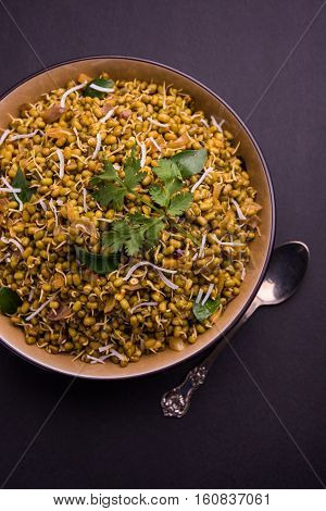 dry and simple moong dal usal or healthy sprouted Green gram spicy usal, fried in oil