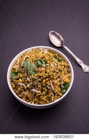 dry and simple moong dal usal or healthy sprouted Green gram spicy usal, fried in oil