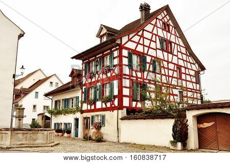 Typical swiss timber frame house in Bremgarten Aargau Switzerland