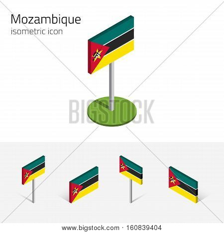 Mozambican flag (Republic of Mozambique) vector set of isometric flat icons 3D style. African country flags. Editable design elements for banner website presentation infographic map. Eps 10