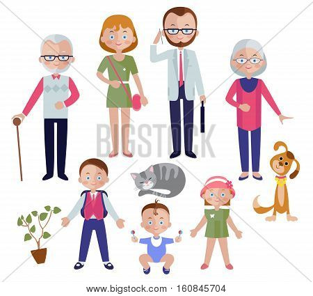 Family flat style concept with mom and dad children and grandparent pets and houseplant isolated vector illustration