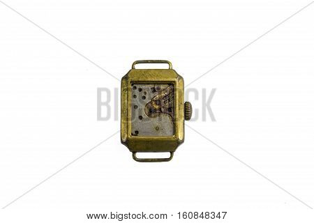 old broken clock without hands and a dial on a white background