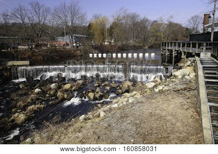 South County Bike Trail overlooking spillway on Saugatucket River in Wakefield Rhode Island