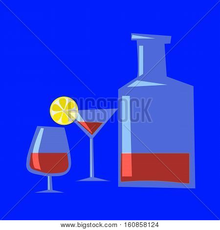 Bottle and two cups with whisky and slice of lemon on blue background. Vector illustration