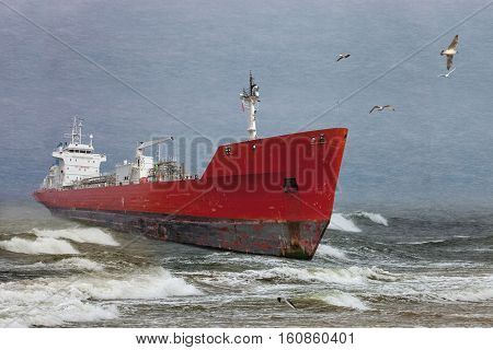 Oil tanker in a winter storm day during a violent blizzard.