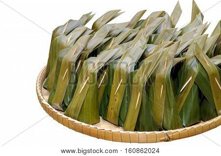 Thai dessert. Khanom Sod-Sai (Steamed Flour with Coconut Filling) isolated on white with clipping path