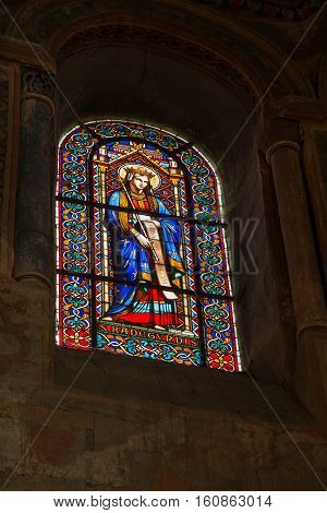 Poitiers France - September 12 2016: Colorful stained glass window in the Church of St. Radegund at Poitiers in France