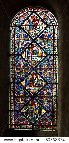 Poitiers France - September 12 2016: Colorful stained glass window in the Church of St. Radegund at Poitiers in France