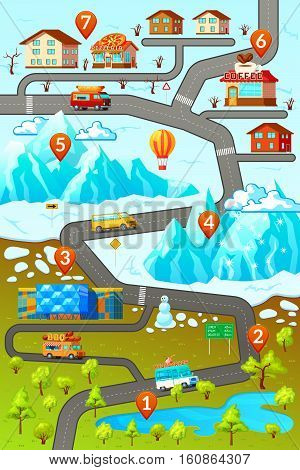 Inforgaphic poster with decorative map of mountainous town area with car roads buildings numbered location pins vector illustration