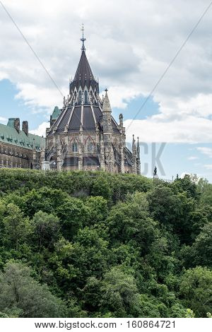 Tower of Canadian Parliament on Parliament Hill in Ottawa Ontario Canada