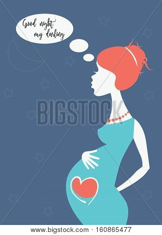 Silhouette of pregnant woman with thinking bubble and Good night my darling text