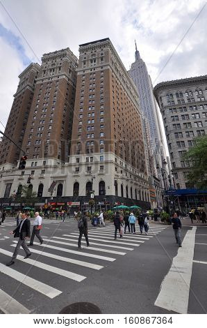 NEW YORK CITY - OCT. 3, 2011: Herald Towers and Empire State Building, New York City, USA. Herald Towers building at 1282 Broadway on the block between East 33rd and 34th Streets off of Herald Square.