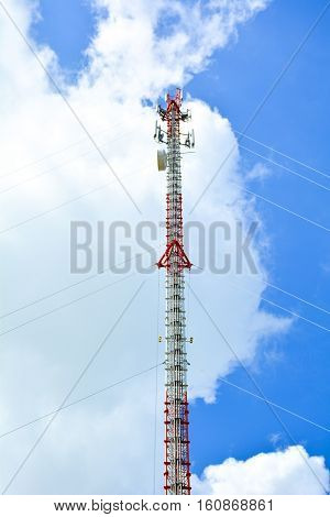 The big electric pole under the cloudy and blue sky.