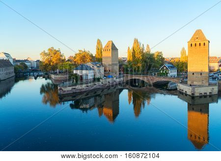 view of bridge Ponts Couverts of Strasbourg, France