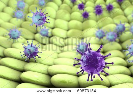 Viruses infecting human cells, 3D illustration. Conceptual image for pathogenesis of virus infection