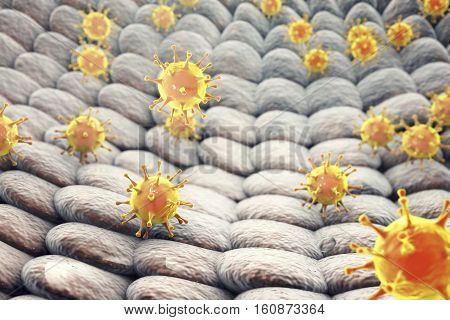 Viruses infecting human cells, 3D illustration. Conceptual image for pathogenesis of virus infection