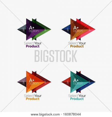 Set of triangle option infographic layouts. Select your product concept, make a choice idea
