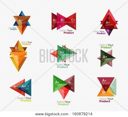 Set of triangle option infographic layouts. Select your product concept, make a choice idea