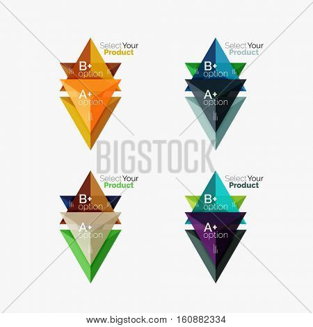 Set of triangle option infographic layouts. Select your product concept, make a choice idea