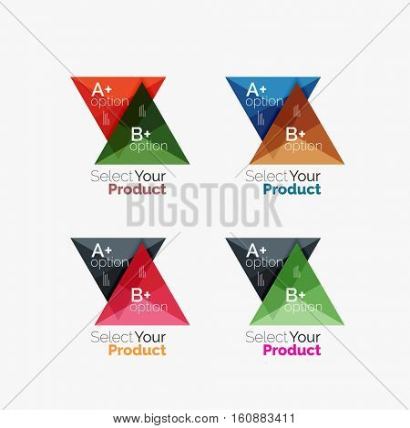 Set of triangle option infographic layouts. Select your product concept, make a choice idea