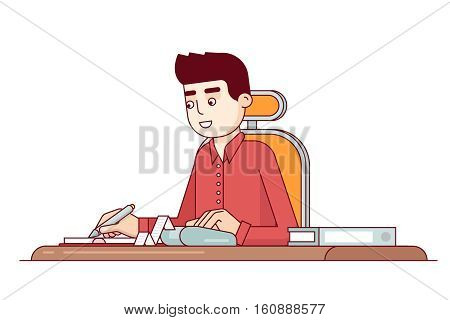 Office worker business clerk making expense calculations. Sitting at the desk with receipt printer and writing to a note book. Flat style thin line vector illustration isolated on white background.