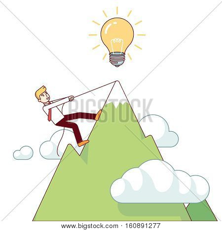 Business man working hard climbing mountain to accomplish his great big idea. Success determination and hard work concept. Modern flat style thin line vector illustration isolated on white background.