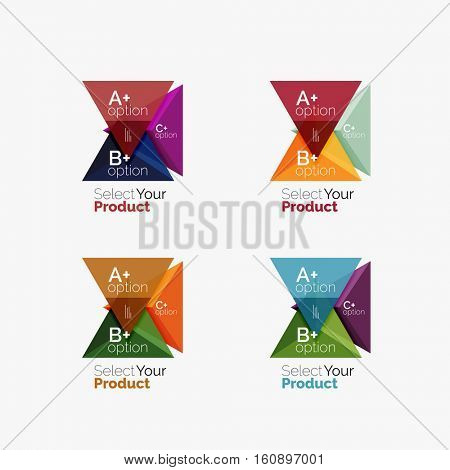 Set of triangle option infographic layouts. Select your product concept, make a choice idea
