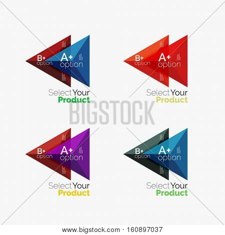 Set of triangle option infographic layouts. Select your product concept, make a choice idea