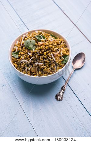 dry and simple moong dal usal or healthy sprouted Green gram spicy usal, fried in oil