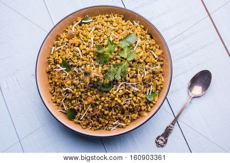 dry and simple moong dal usal or healthy sprouted Green gram spicy usal, fried in oil