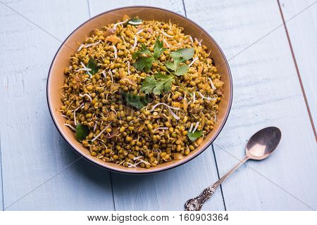 dry and simple moong dal usal or healthy sprouted Green gram spicy usal, fried in oil