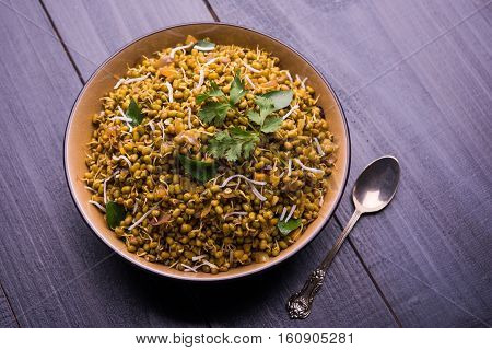 dry and simple moong dal usal or healthy sprouted Green gram spicy usal, fried in oil